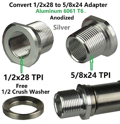  1/2-28 TPI Thread Protector with 5/8-24 TPI Outside Thread, 1/2x28 TPI to 5/8x24 TPI Convertor. Aluminum  Anodized Silver